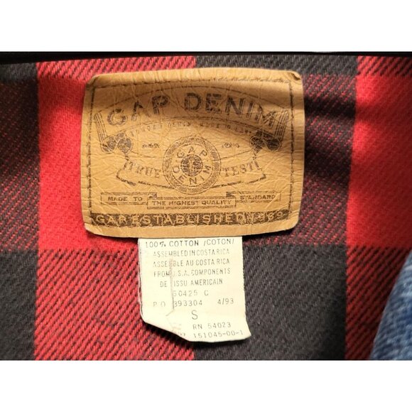 Vintage GAP 90s Denim Trucker Jacket Buffalo Plaid Blanket Lined - Picture 13 of 16